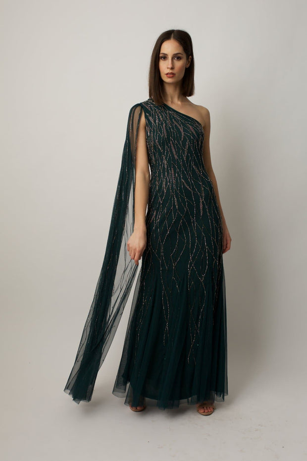 Green Embroidered Maxi Gown with Draping Detail 