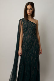 Green Embroidered Maxi Gown with Draping Detail 