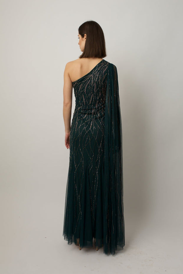 Green Embroidered Maxi Gown with Draping Detail 