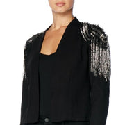 An edgy jacket featuring bold gunmetal embroidery on the shoulder caps